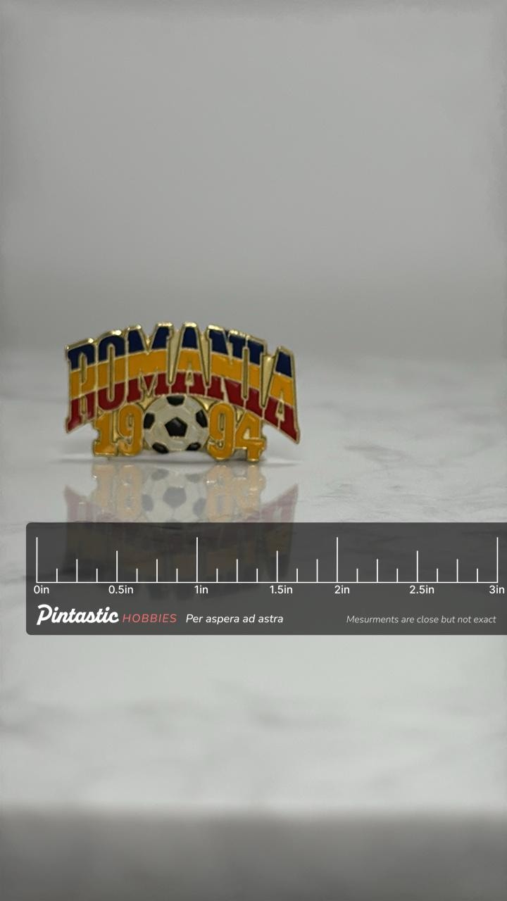 Romania 1994 Soccer Pin: Gold Tone Enamel - World Cup Accessory with ruler overlay for size reference