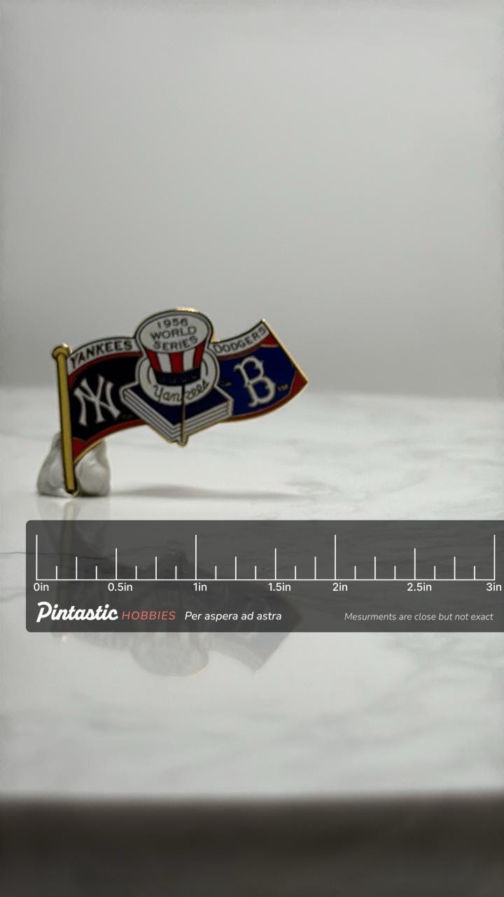 1956 World Series Yankees vs Dodgers Pin: Enamel Flag - MLB Baseball with ruler overlay for size reference