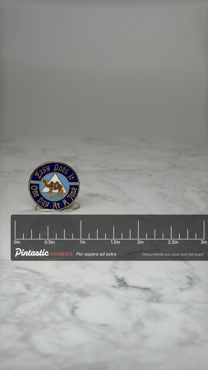 Easy Does It Recovery Pin: Blue Enamel AA 24 Camel - Sober Accessory with ruler overlay for size reference