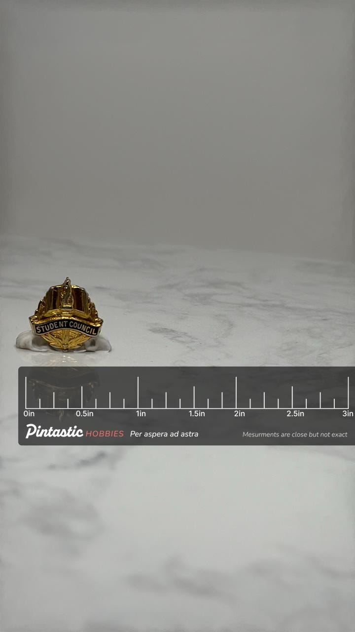 Student Council Badge Pin: Gold Tone Enamel - School Leadership Accessory with ruler overlay for size reference