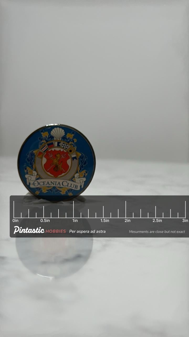 Oceania Club Lapel Pin: Blue Enamel Nautical - Cruise Era Accessory with ruler overlay for size reference