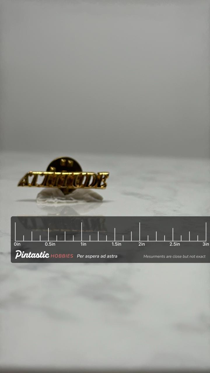 Attitude Word Pin: Gold Tone Script - Music Theme Accessory with ruler overlay for size reference