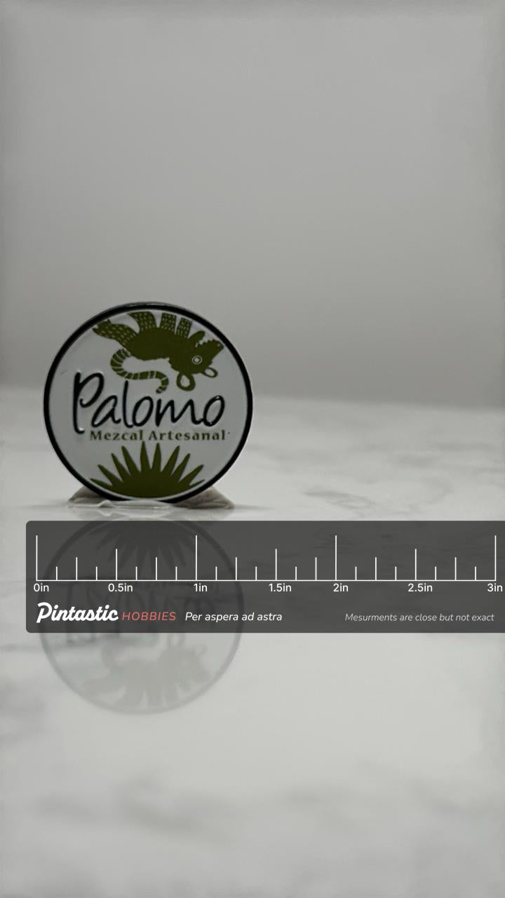 Palomo Mezcal Enamel Pin: Green and White - Modern Bar Accessory with ruler overlay for size reference