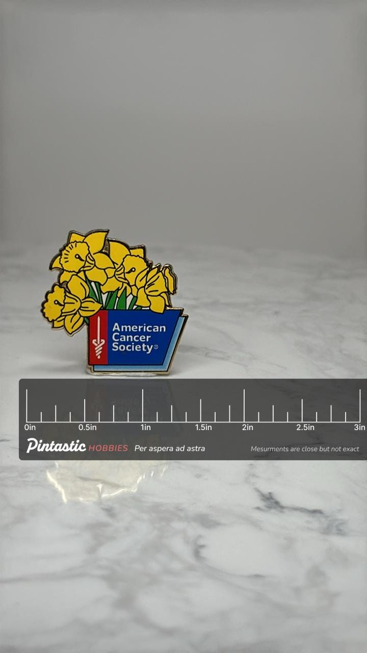 American Cancer Society Enamel Pin: Yellow Daffodil - Charity Accessory with ruler overlay for size reference
