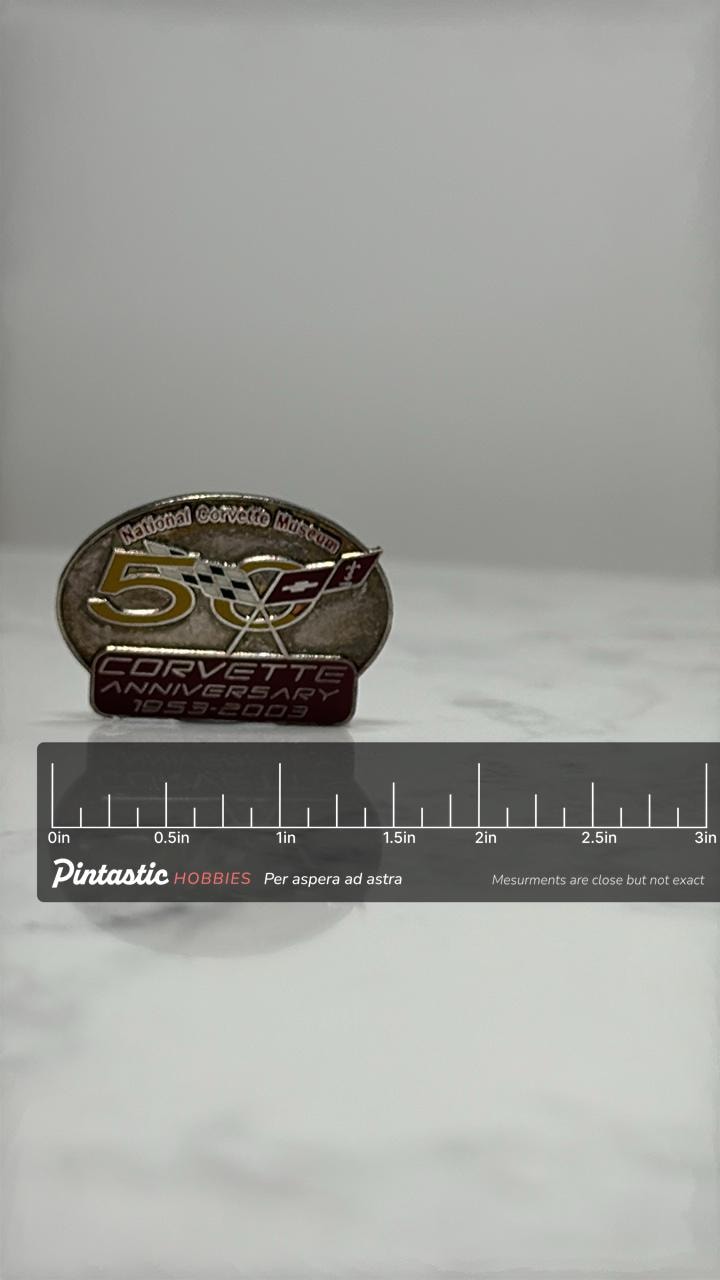 Corvette 50th Anniversary Lapel Pin: Gold Enamel - 1953-2003 with ruler overlay for size reference
