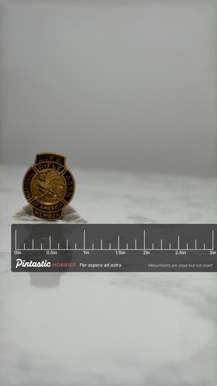 NRA Life Member Pin: Gold Tone Enamel - Vintage Firearm Accessory with ruler overlay for size reference