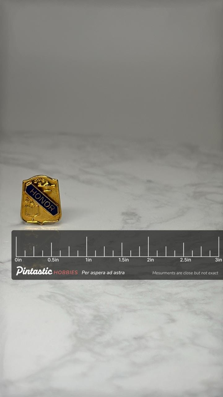 Honor Shield Lapel Pin: Gold Tone Enamel - Patriotic Award Accessory with ruler overlay for size reference