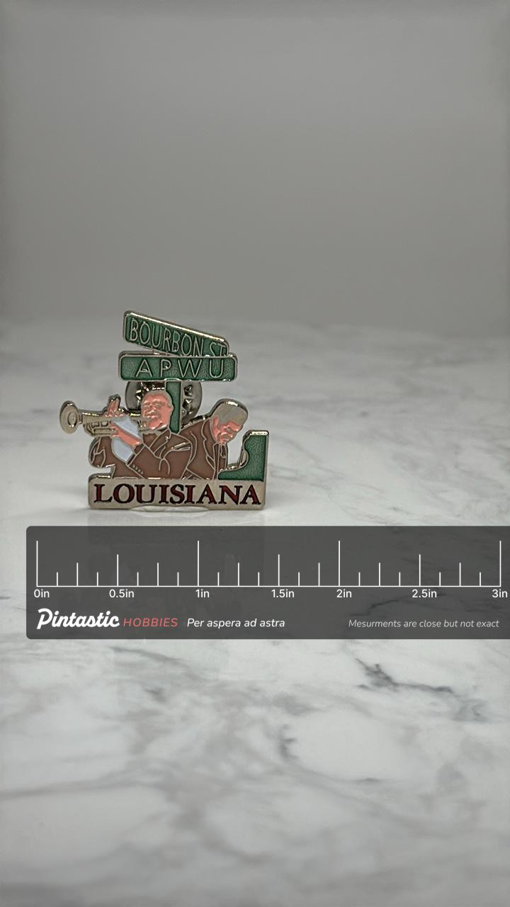 Louisiana Bourbon St Jazz Pin: Enamel Green - APWU Souvenir Accessory with ruler overlay for size reference