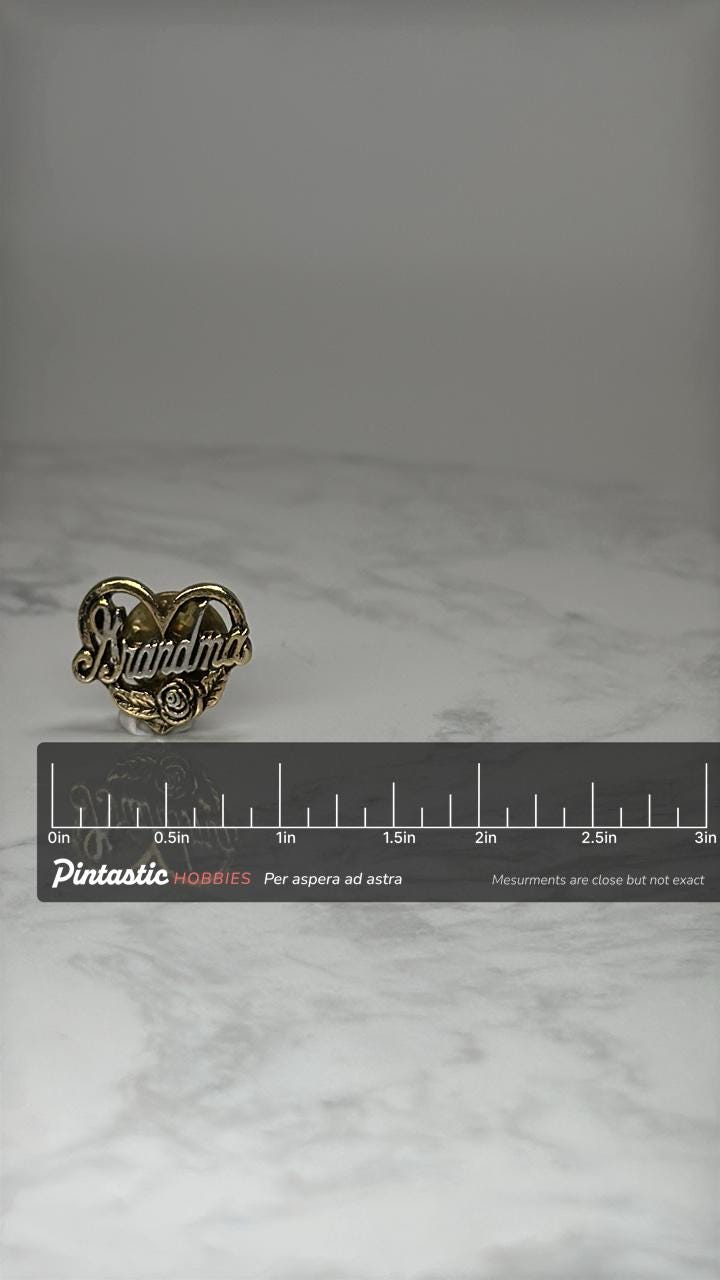 Grandma Heart Souvenir Pin: Gold Tone Script -  Grandmother Love Gift with ruler overlay for size reference