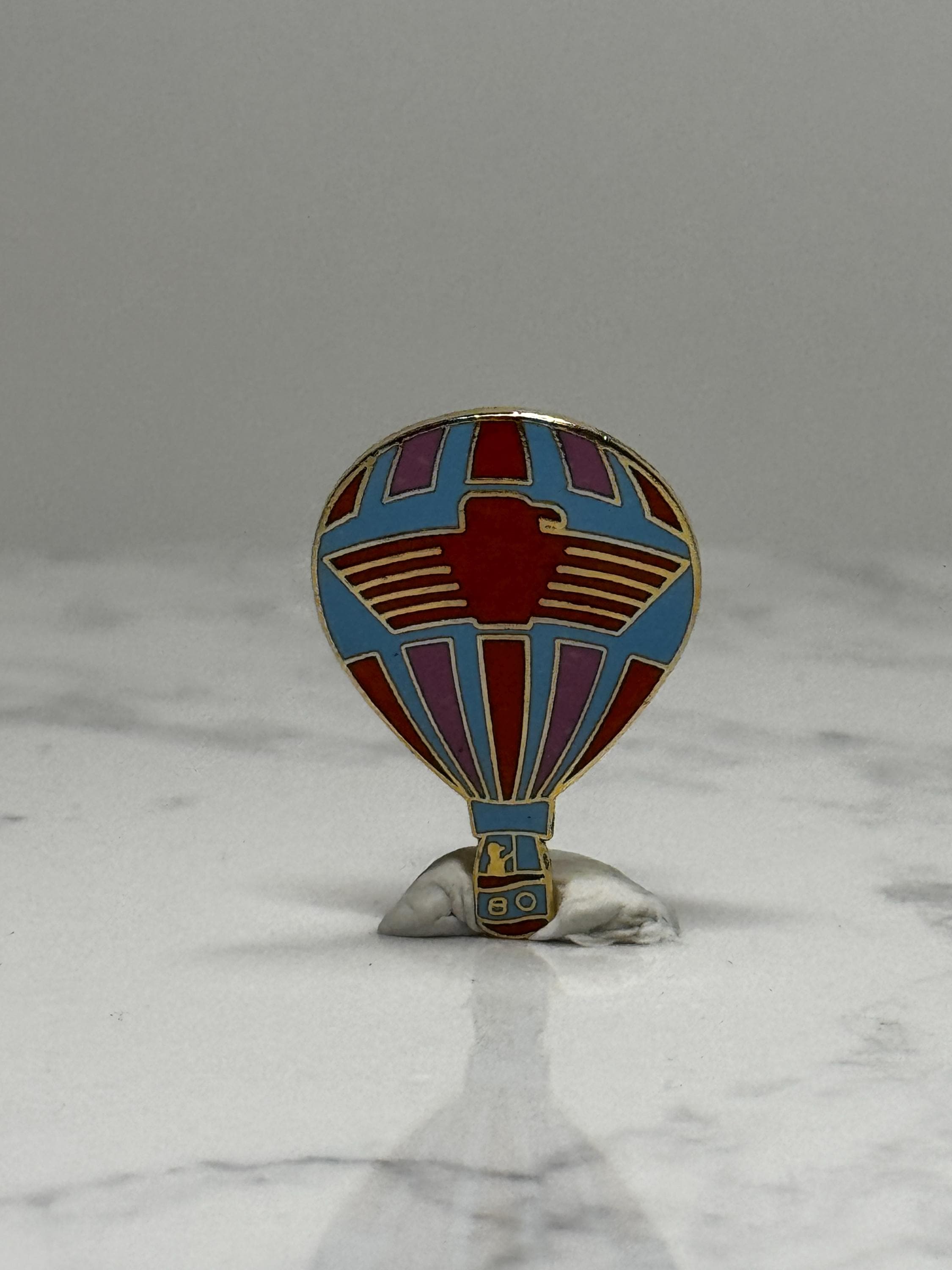 Hot Air Balloon Bird Enamel Pin: Red Blue Gold Tone - Retro Travel Accessory