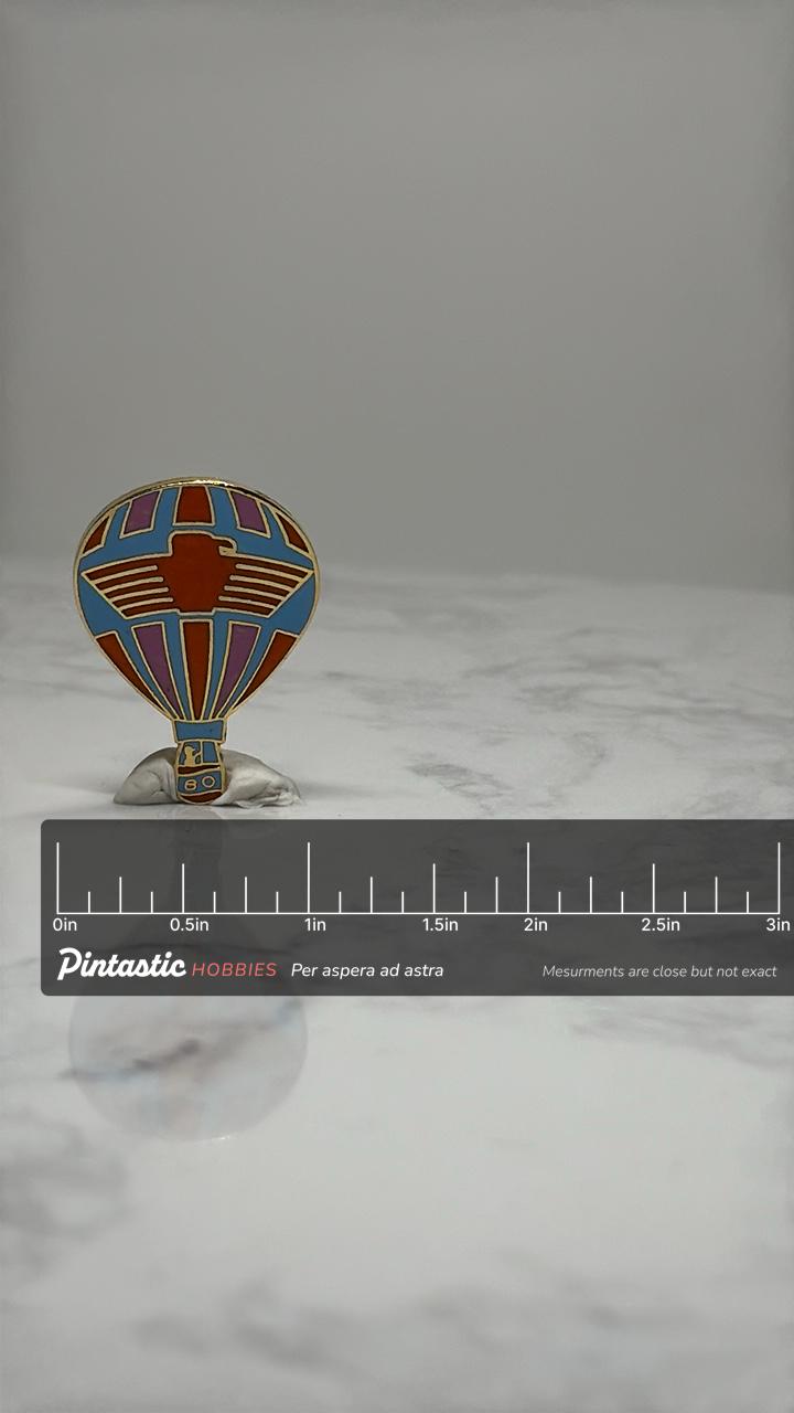 Hot Air Balloon Bird Enamel Pin: Red Blue Gold Tone - Retro Travel Accessory with ruler overlay for size reference