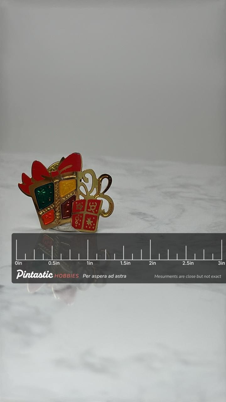 Christmas Teacup Enamel Pin: Gold Tone - Holiday Accessory with ruler overlay for size reference
