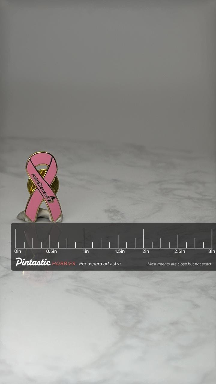 Breast Cancer Awareness Ribbon Pin: Pink Enamel - Charity Support Accessory with ruler overlay for size reference