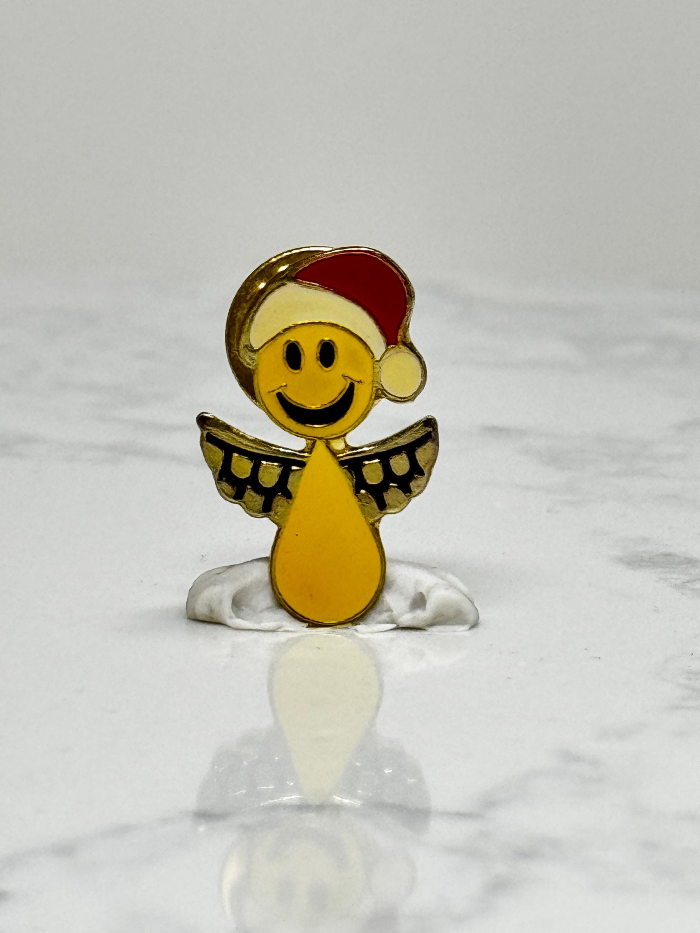 Smiley Angel Enamel Pin: Gold Tone Red Hat - Christmas Accessory