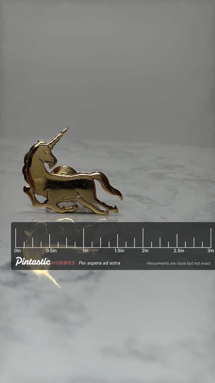 Unicorn Brooch Pin: Gold Tone Fantasy - Mythical Accessory with ruler overlay for size reference
