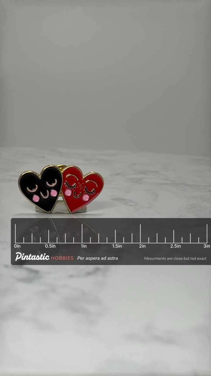 Kawaii Double Heart Enamel Pin: Red Black Gold - Cute Love Accessory with ruler overlay for size reference