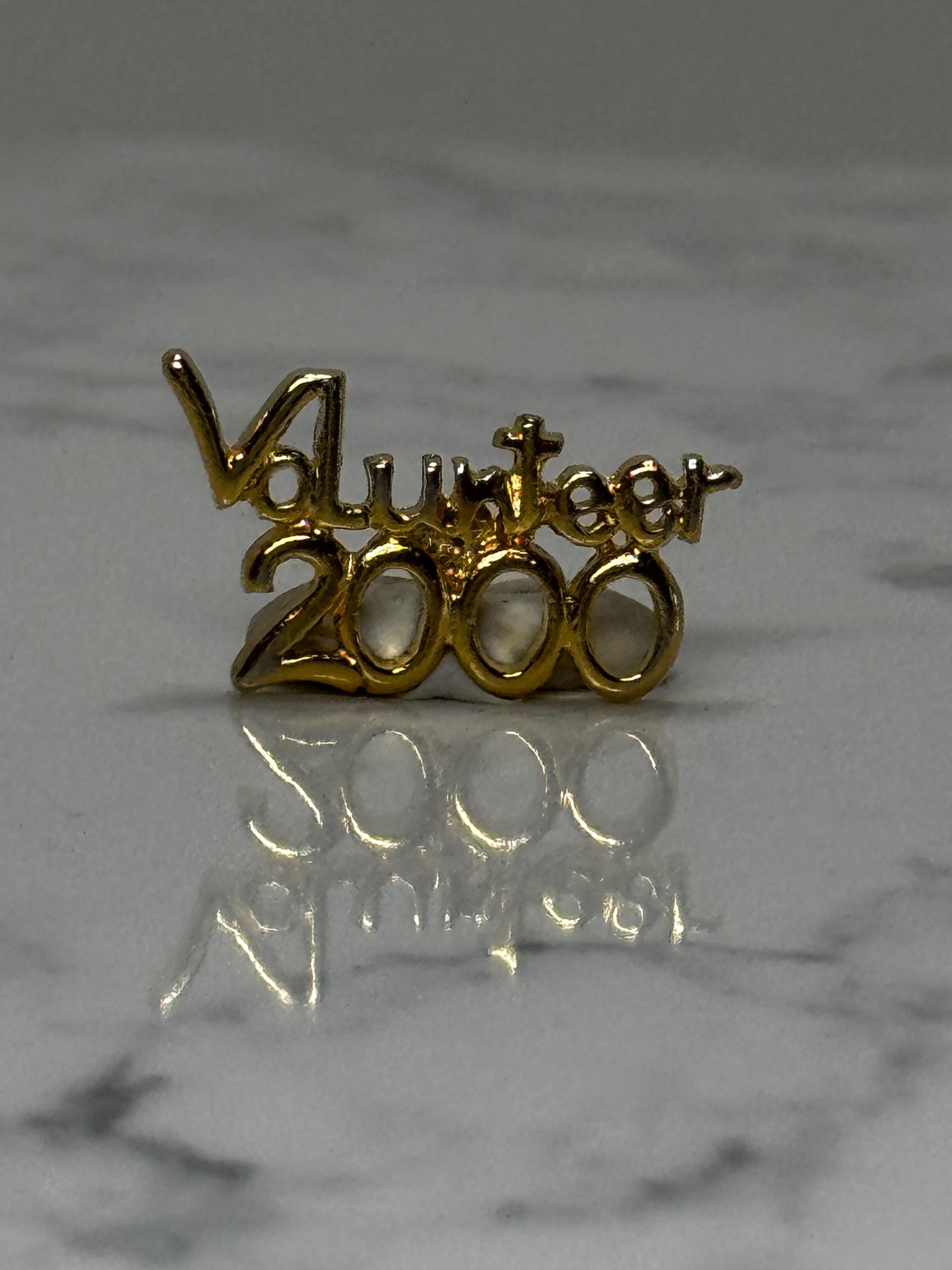 Volunteer 2000 Lapel Pin: Gold Tone Script - Y2K Era Accessory