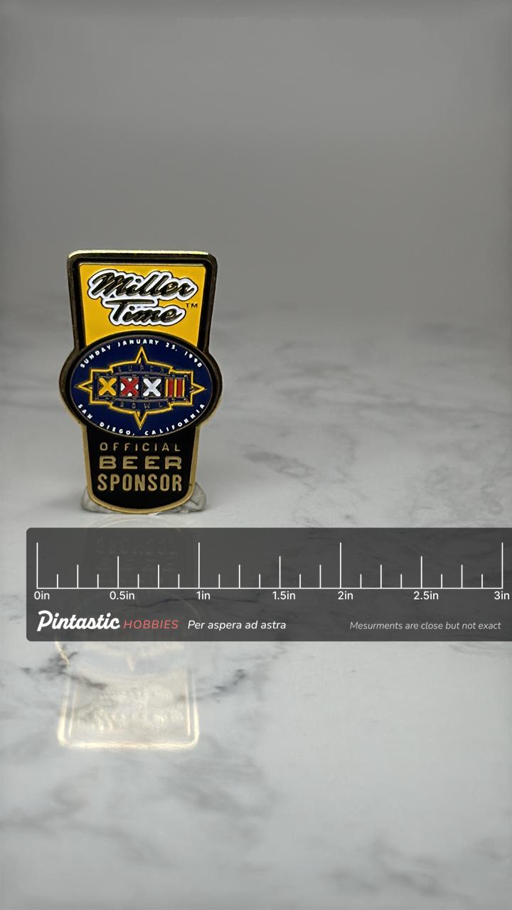 Miller Time Super Bowl Pin: Enamel Gold Tone - 1998 NFL Accessory with ruler overlay for size reference