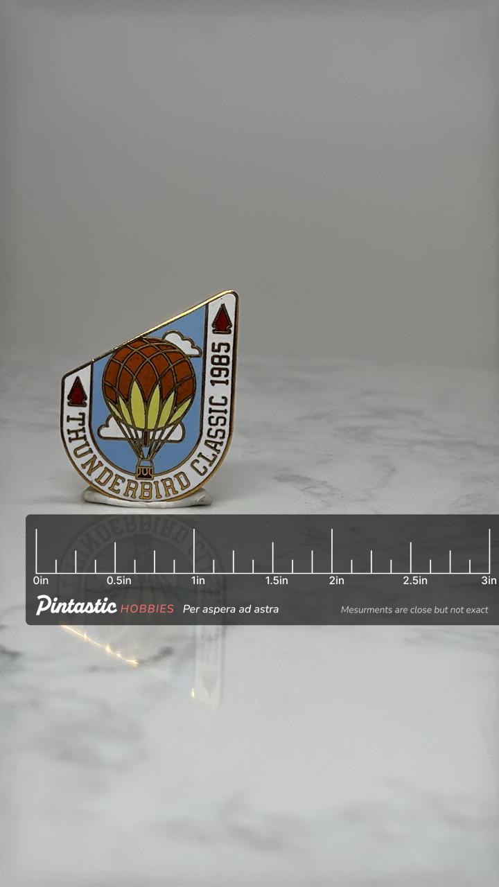 Thunderbird Classic 1985 Enamel Pin: Red Balloon - 1980s Aviation Accessory with ruler overlay for size reference