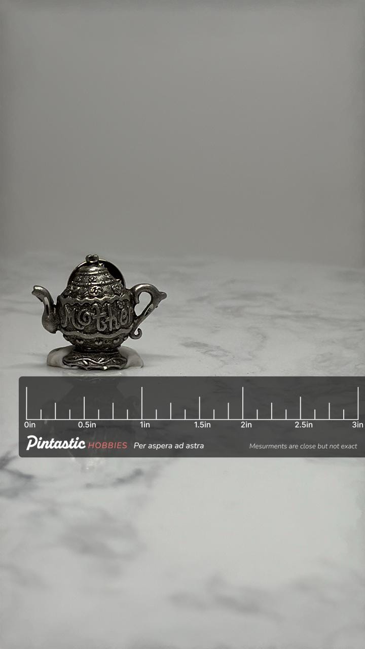 Mother Teapot Lapel Pin: Silver Tone 3D - Vintage Kitchen Accessory with ruler overlay for size reference