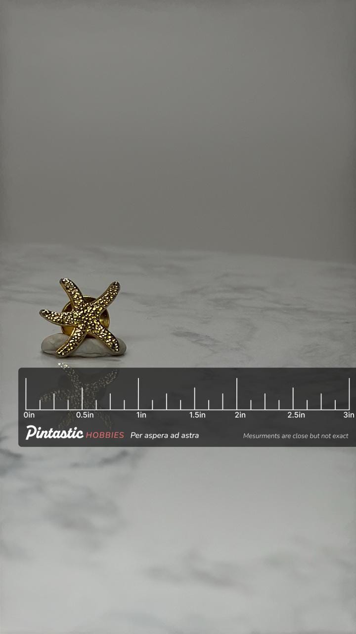 Starfish Lapel Pin: Gold Tone Textured - Nautical Beach Accessory with ruler overlay for size reference