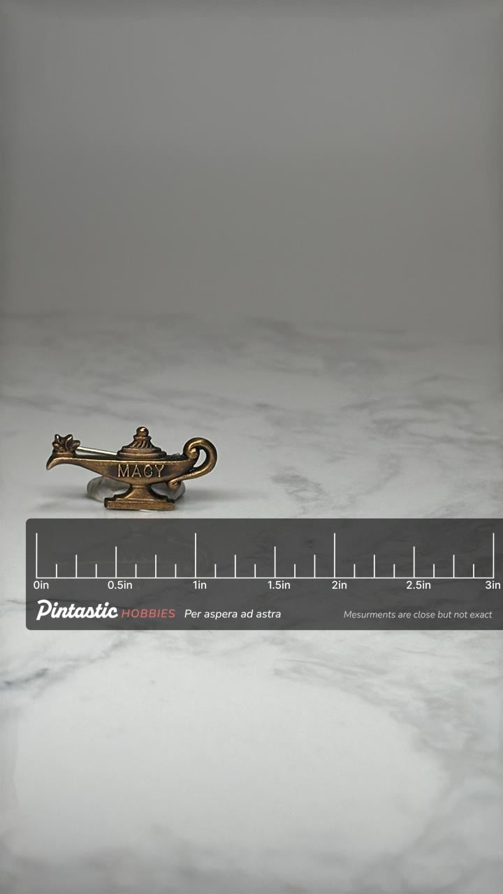 Magic Lamp Lapel Pin: Brass Tone - Fantasy Storybook Accessory with ruler overlay for size reference