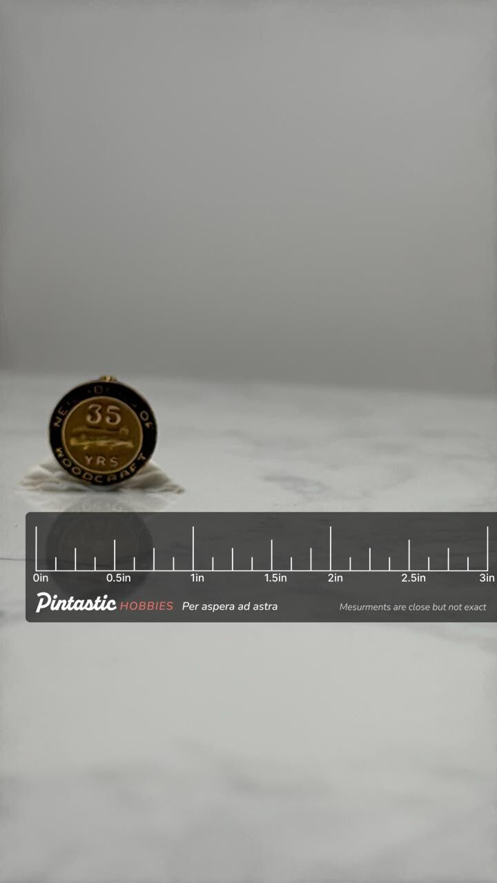 Neighbors of Woodcraft 35 Year Pin: Gold Black - Fraternal Award with ruler overlay for size reference