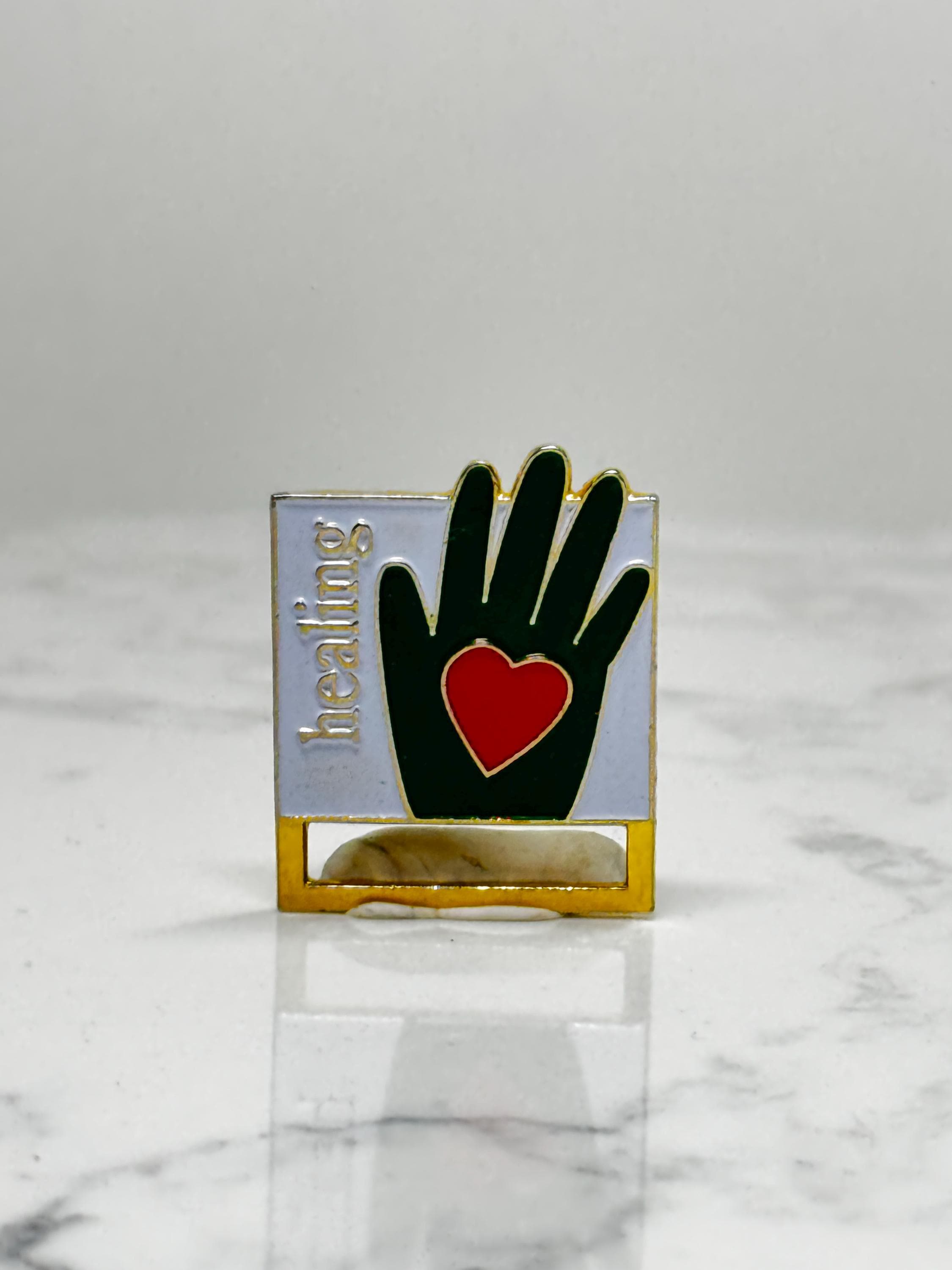 Healing Hand Enamel Pin: Green & Red Gold Tone - Charity Accessory