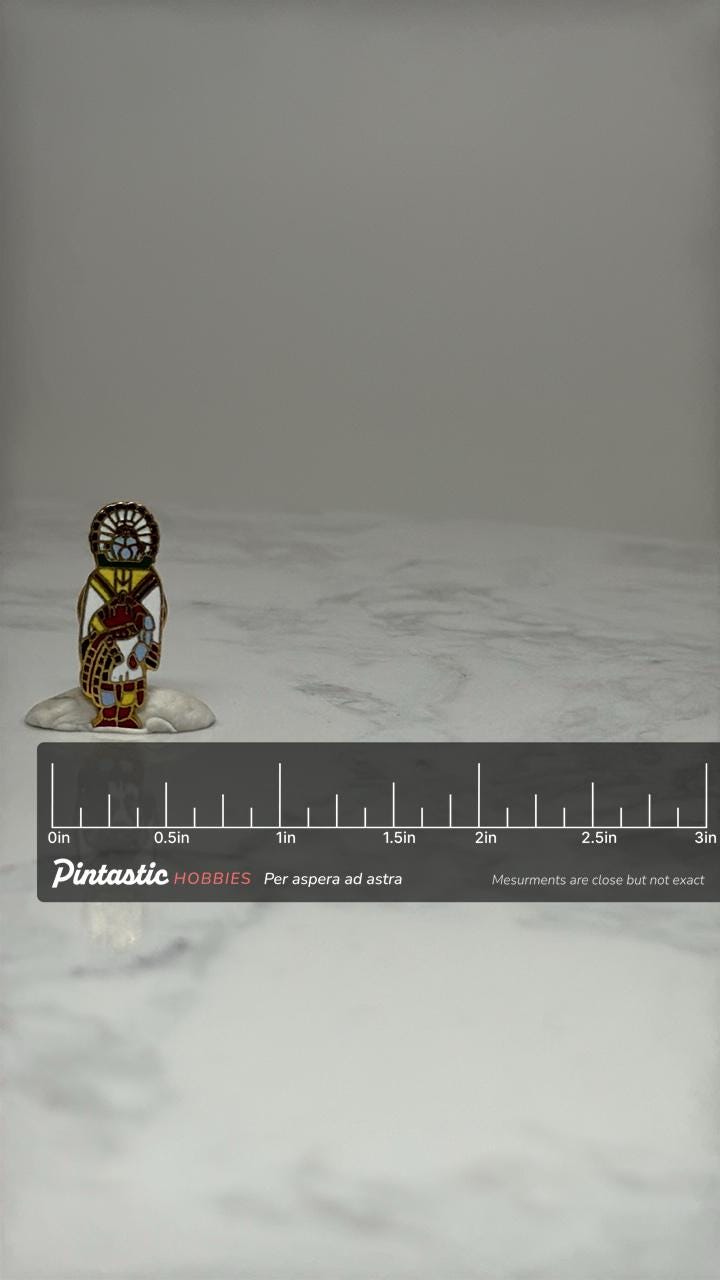 Vintage Southwest Native Inspired Enamel Pin Traditional Figure Lapel Pin with ruler overlay for size reference