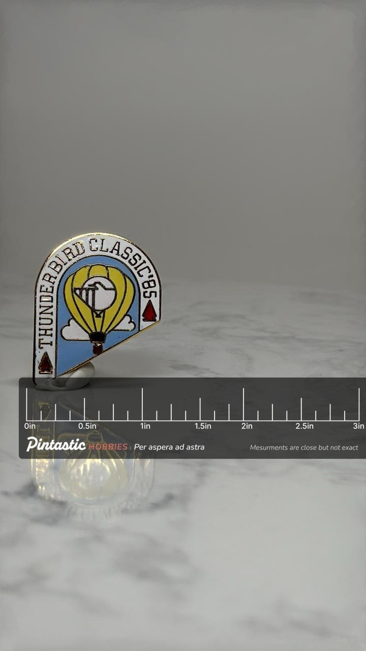 Thunderbird Classic 85 Enamel Pin: Blue Yellow - 1980s Golf Accessory with ruler overlay for size reference