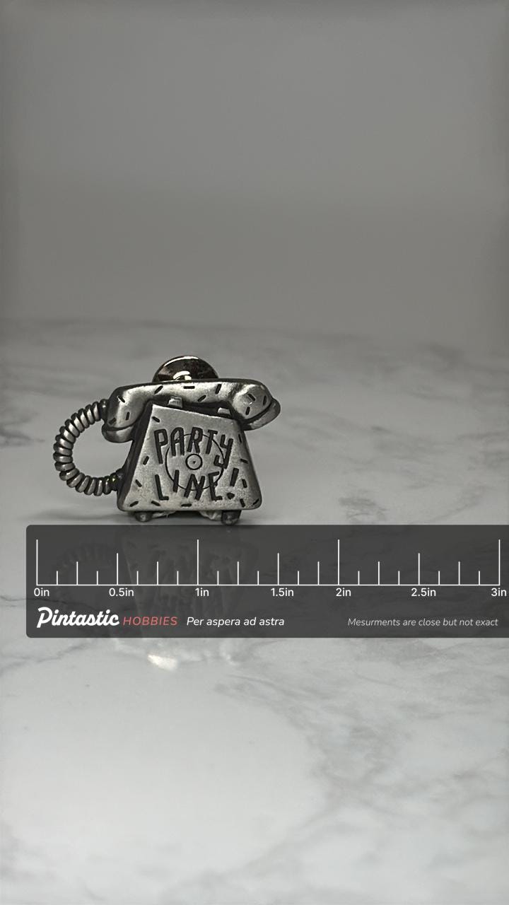 Party Line Telephone Pin: Silver Tone Novelty - Retro Humor Accessory with ruler overlay for size reference