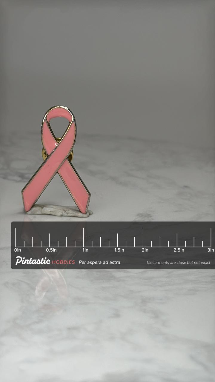 Pink Ribbon Awareness Pin: Gold Tone Enamel - Cancer Support Accessory with ruler overlay for size reference