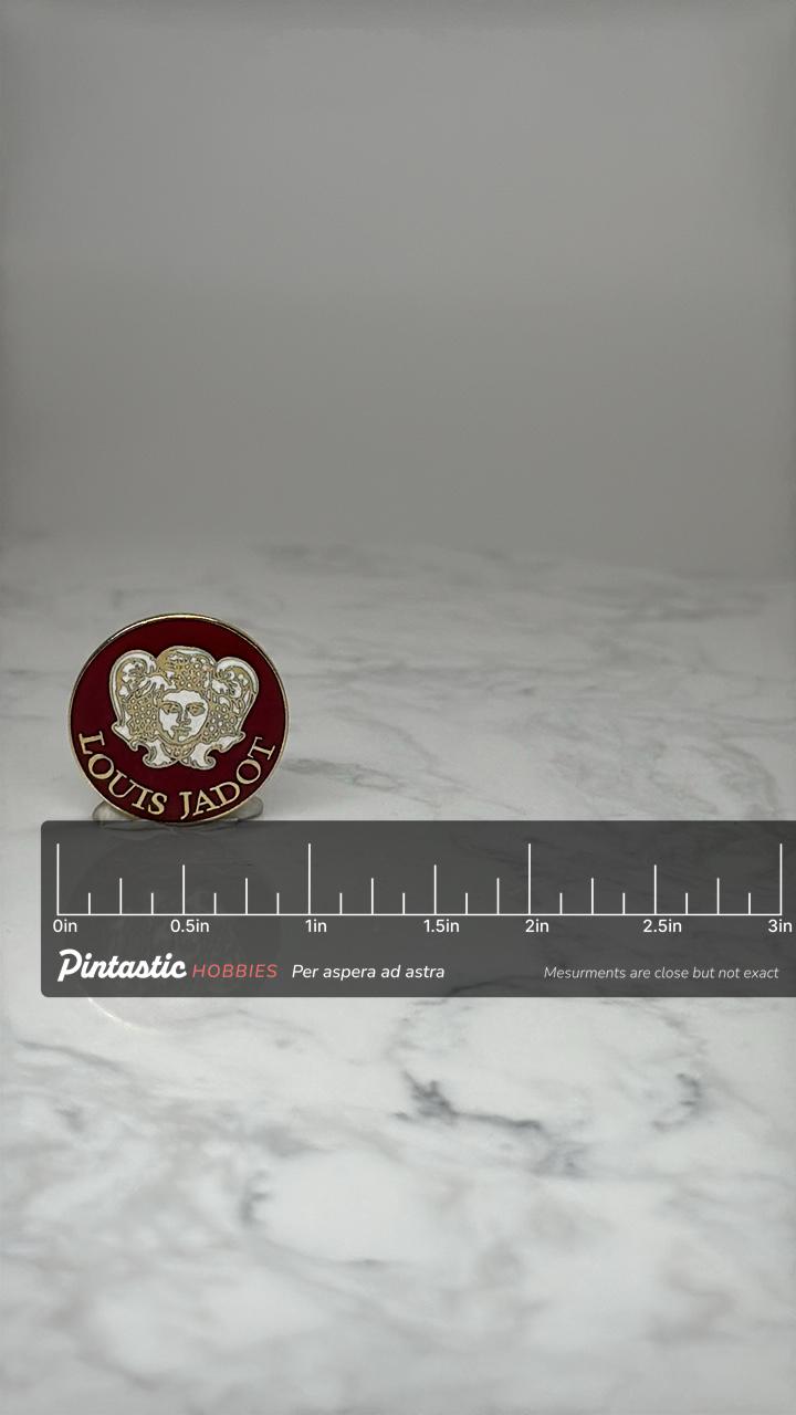 Louis Jadot Wine Pin: Red Enamel Gold Tone - Vintage Winery Accessory with ruler overlay for size reference