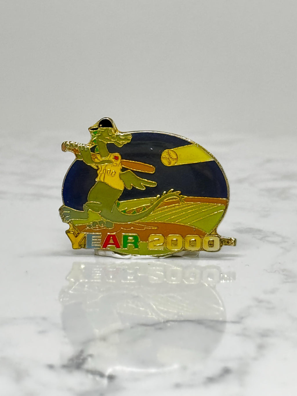Year 2000 Dragon Baseball Pin: Gold Tone Enamel - Y2K Sports Accessory