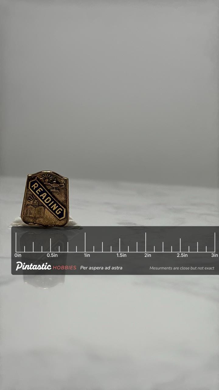Reading School Shield Pin: Gold Tone Enamel - Academic Era Accessory with ruler overlay for size reference