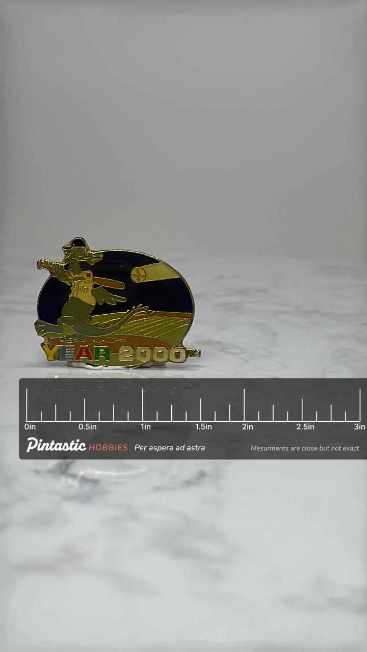 Year 2000 Dragon Baseball Pin: Gold Tone Enamel - Y2K Sports Accessory with ruler overlay for size reference