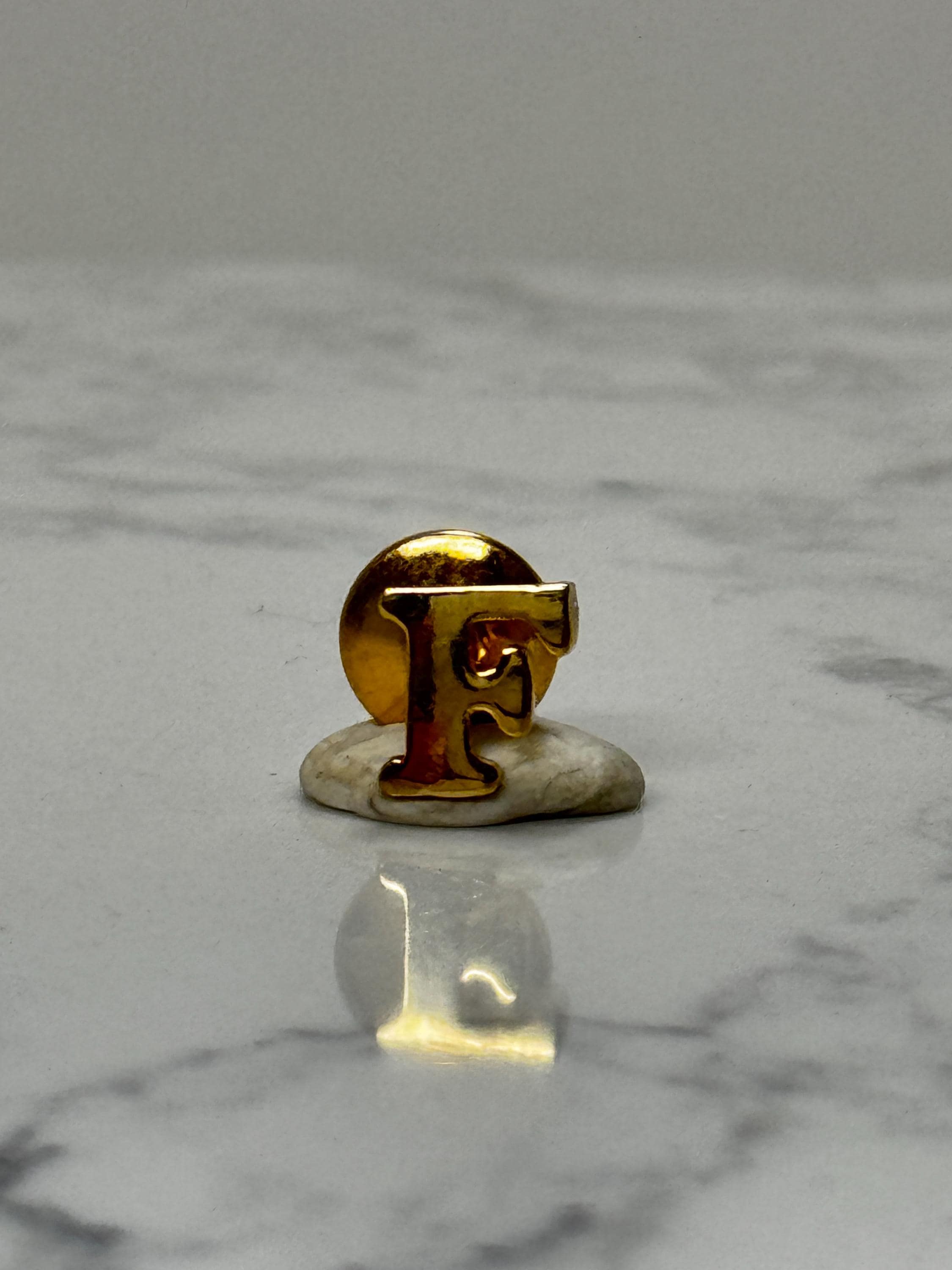 Letter F Initial Lapel Pin: Gold Tone - Vintage Alphabet Accessory