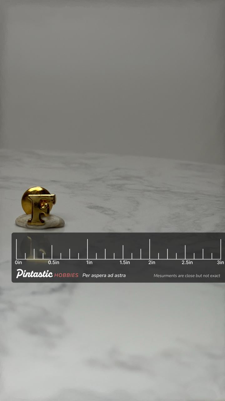 Letter F Initial Lapel Pin: Gold Tone - Vintage Alphabet Accessory with ruler overlay for size reference