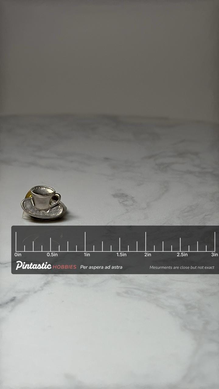 Coffee Cup Lapel Pin: Silver Tone - Retro Cafe Accessory with ruler overlay for size reference