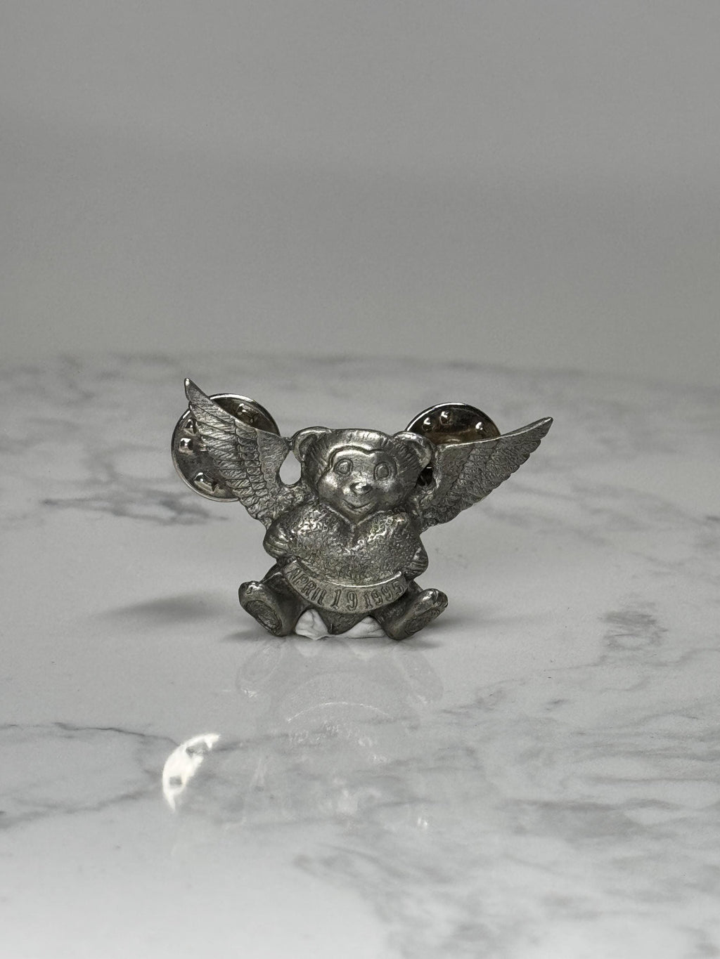 Angel Teddy Bear Pin: Silver Tone - 1995 Memorial Accessory