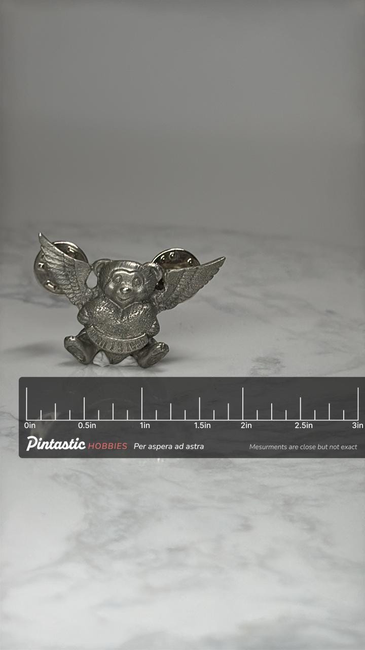 Angel Teddy Bear Pin: Silver Tone - 1995 Memorial Accessory with ruler overlay for size reference