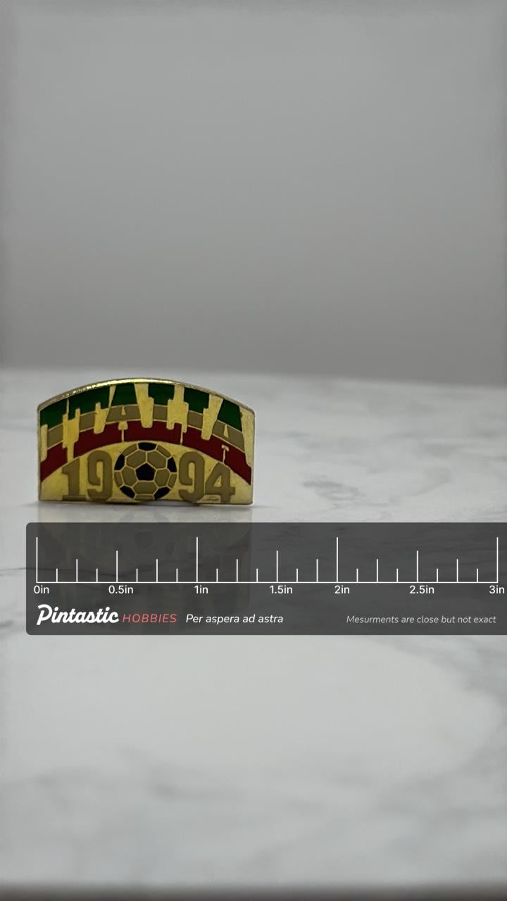 1994 World Cup Italy Soccer Pin: Gold Enamel - USA Tournament Accessory with ruler overlay for size reference