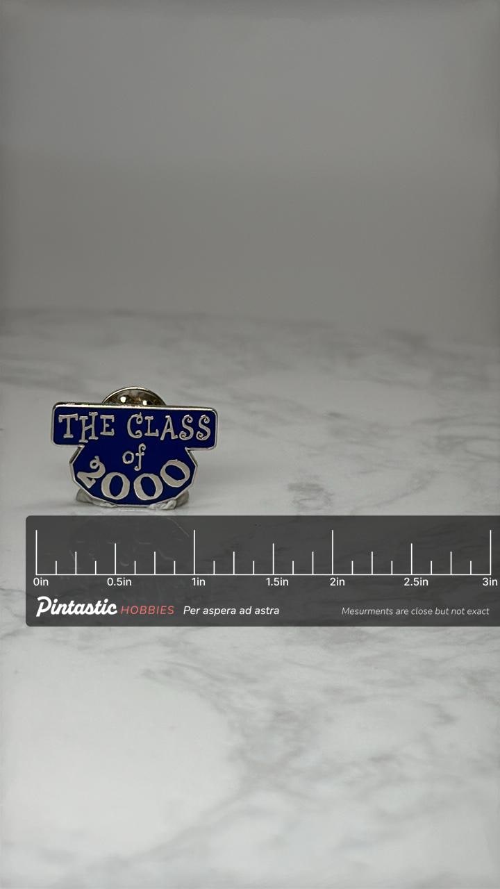 Class of 2000 Graduation Pin: Blue Enamel - Y2K Era Accessory with ruler overlay for size reference
