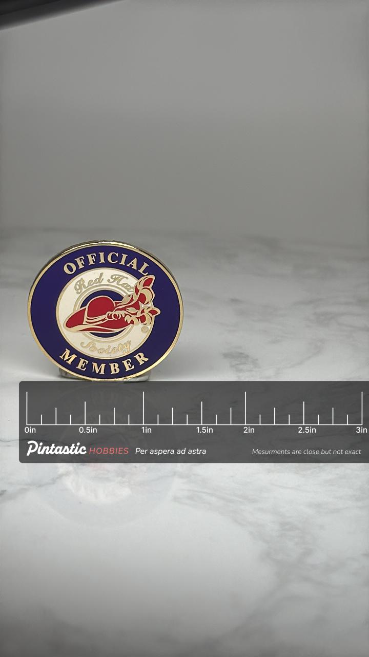 Red Hat Society Member Pin: Gold Tone Enamel - Modern Club Accessory with ruler overlay for size reference