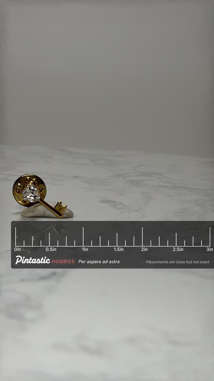 Heart Key Lapel Pin: Gold Tone Crystal - Romantic Accessory with ruler overlay for size reference
