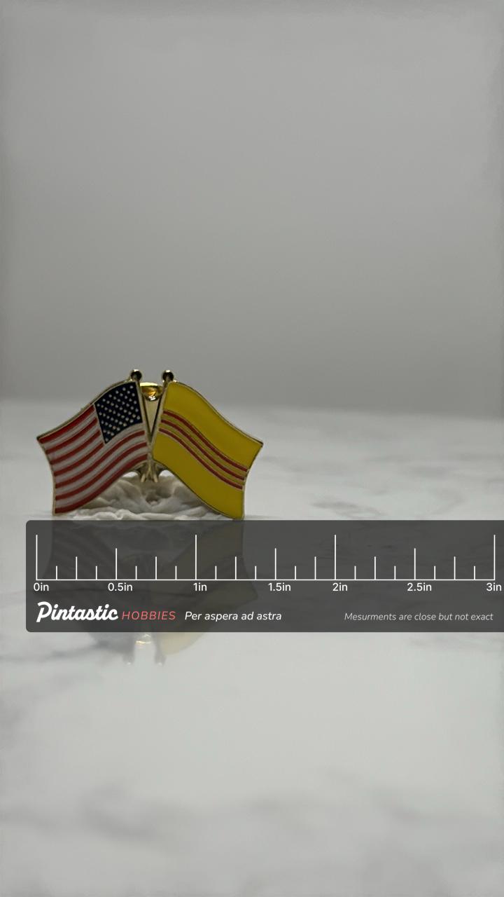 USA & South Vietnam Flag Pin: Gold Tone Enamel - Patriotic Accessory with ruler overlay for size reference