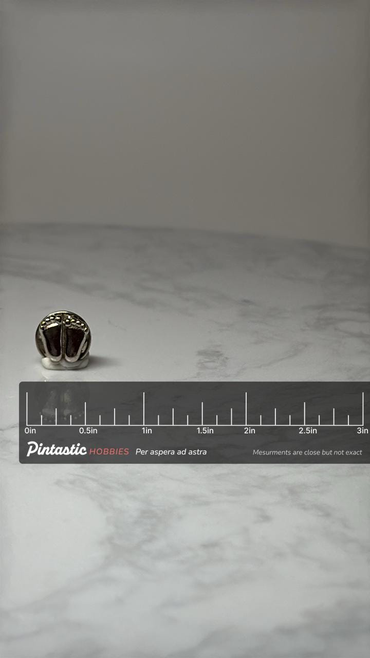Baby Feet Lapel Pin: Silver Tone - Vintage Novelty Accessory with ruler overlay for size reference