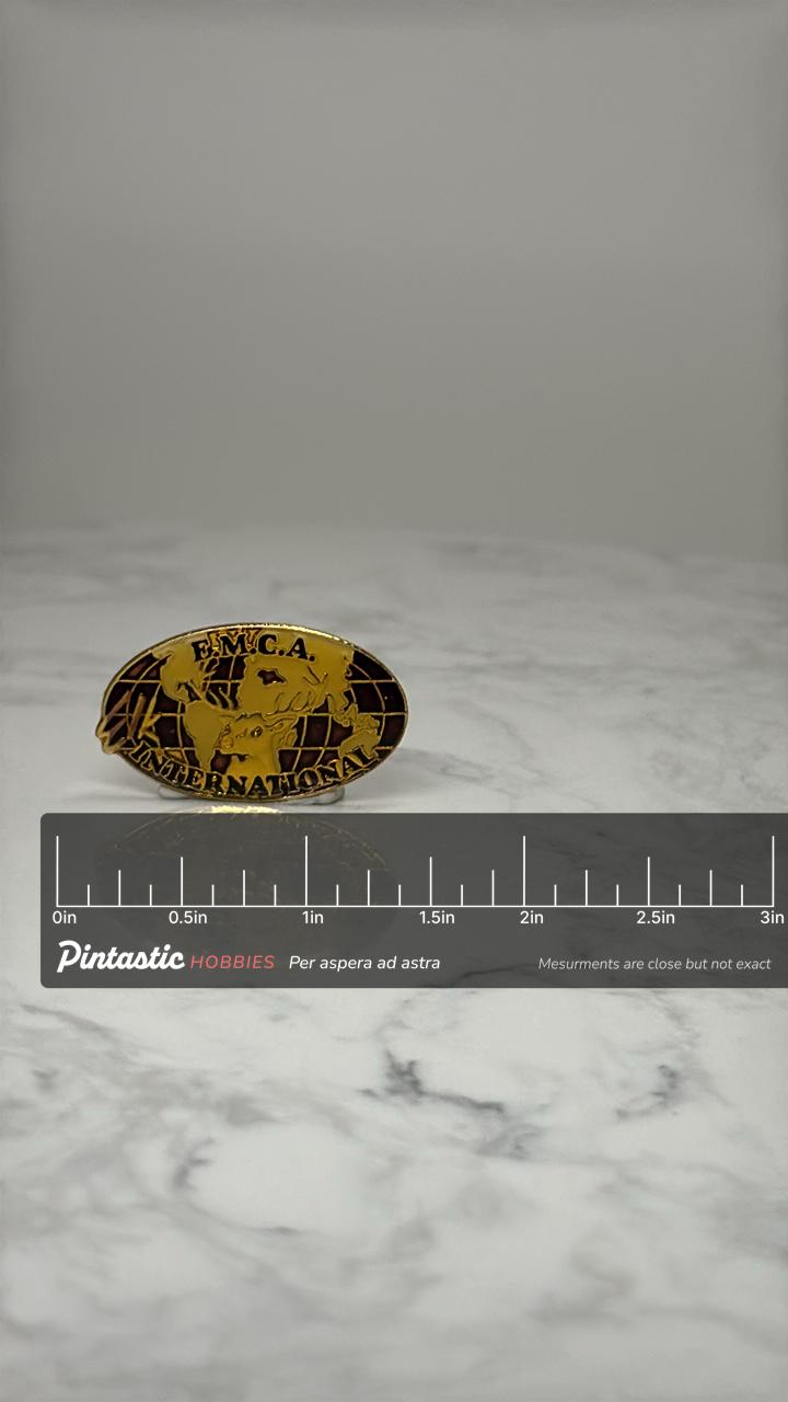 Elk International Chapter FMCA Pin Family Motor Coach Association RV Club Lapel Pin with ruler overlay for size reference