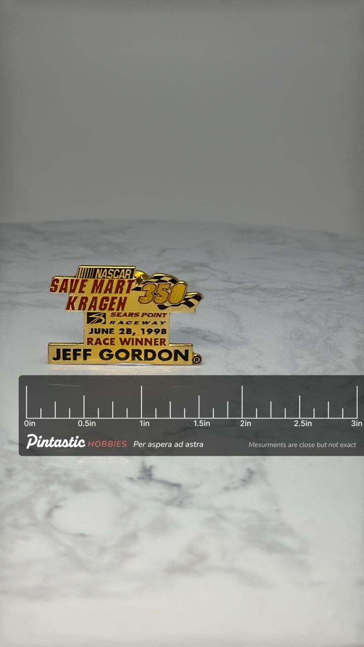 NASCAR Jeff Gordon 350 Pin: Gold Tone - 1998 Race Winner with ruler overlay for size reference