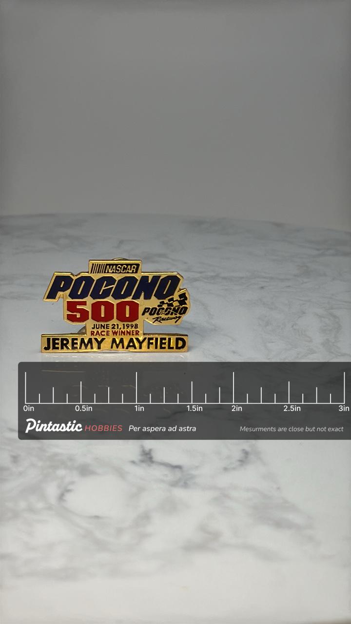 NASCAR Pocono 500 Pin: Gold Tone Enamel - 1998 Race Winner with ruler overlay for size reference